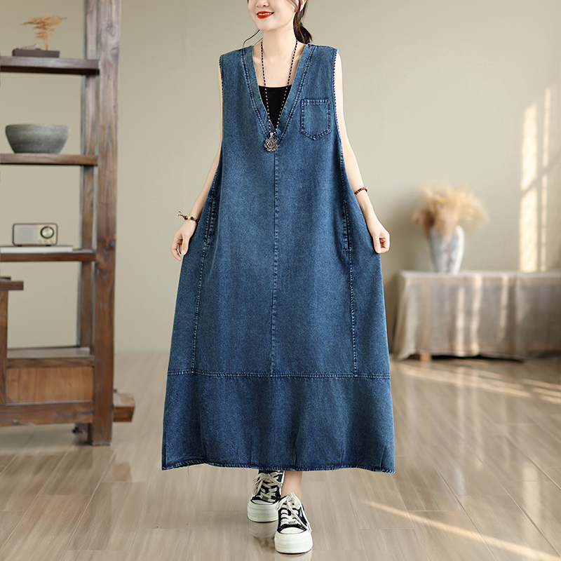Loose Long V-neck Denim Dress  - Midi Dress ulasan dan harga