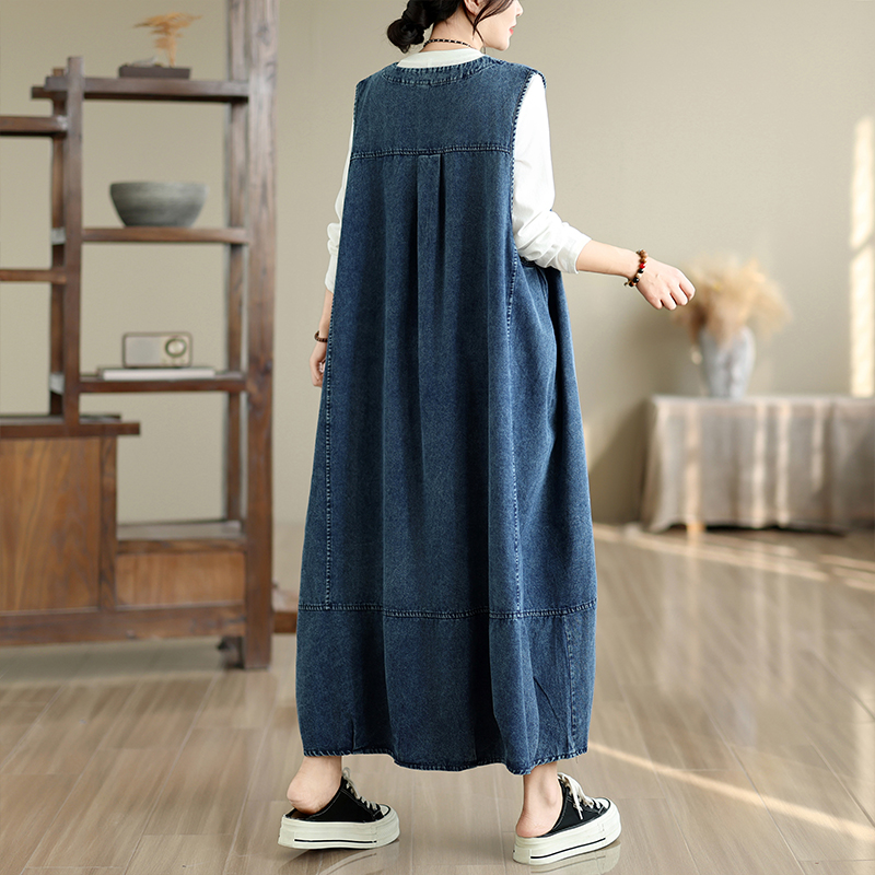 Loose Long V-neck Denim Dress  - Midi Dress ulasan dan harga