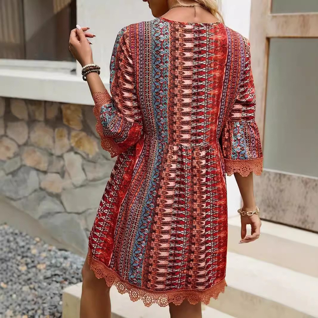 Casual V Neck Long Dress with  - Lace Dress ulasan dan harga