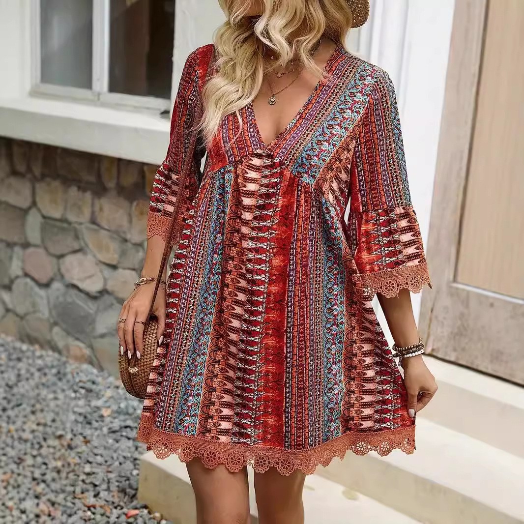 Casual V Neck Long Dress with  - Lace Dress ulasan dan harga