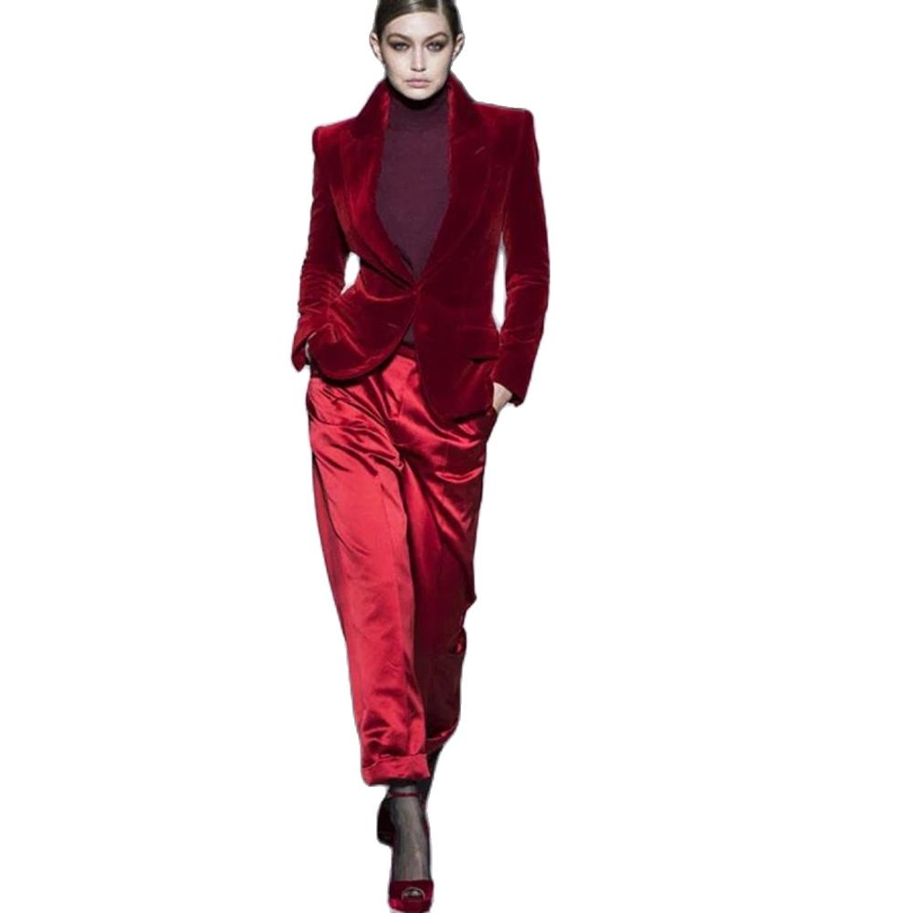 Women Pant Suits Wine Red Velv - Women'S Red Formal Wear ulasan dan harga